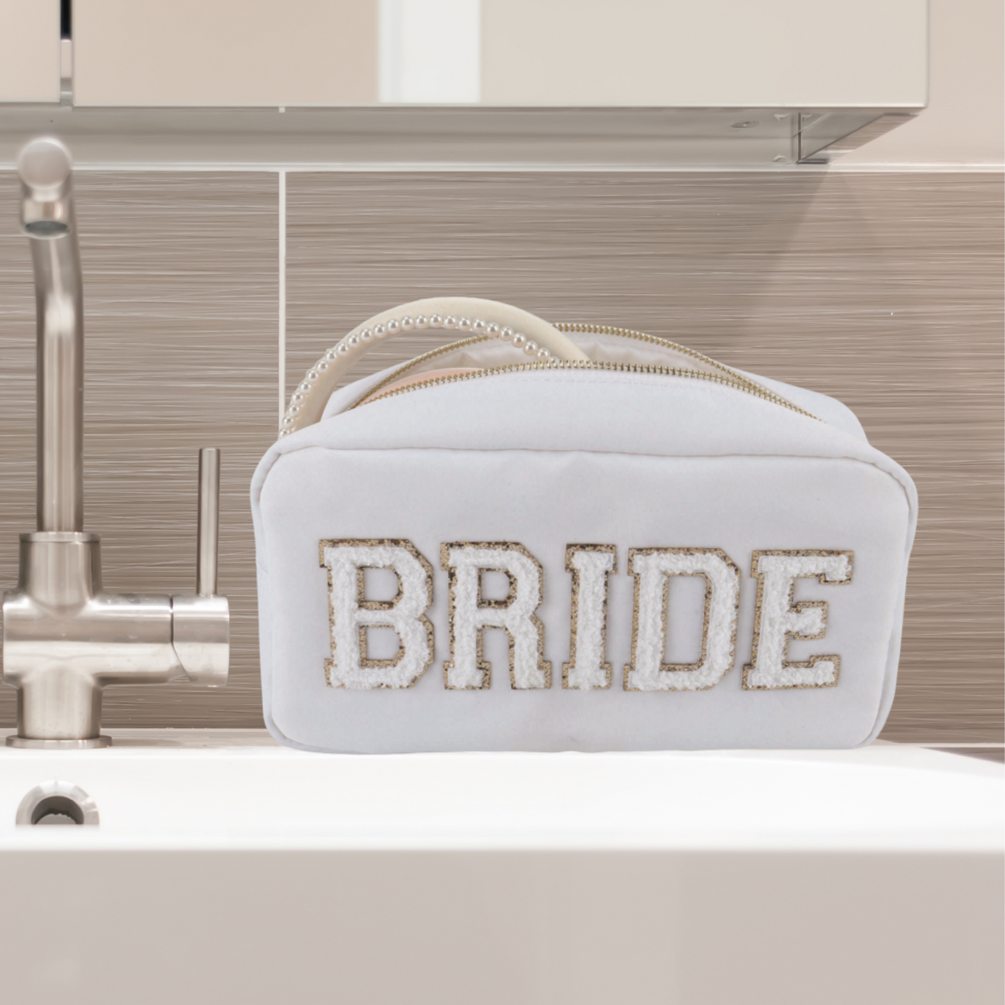 White Bride Makeup Bag with Chenille Patches