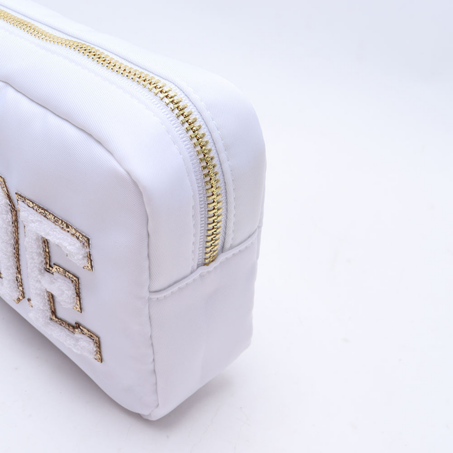 White Bride Makeup Bag with Chenille Patches