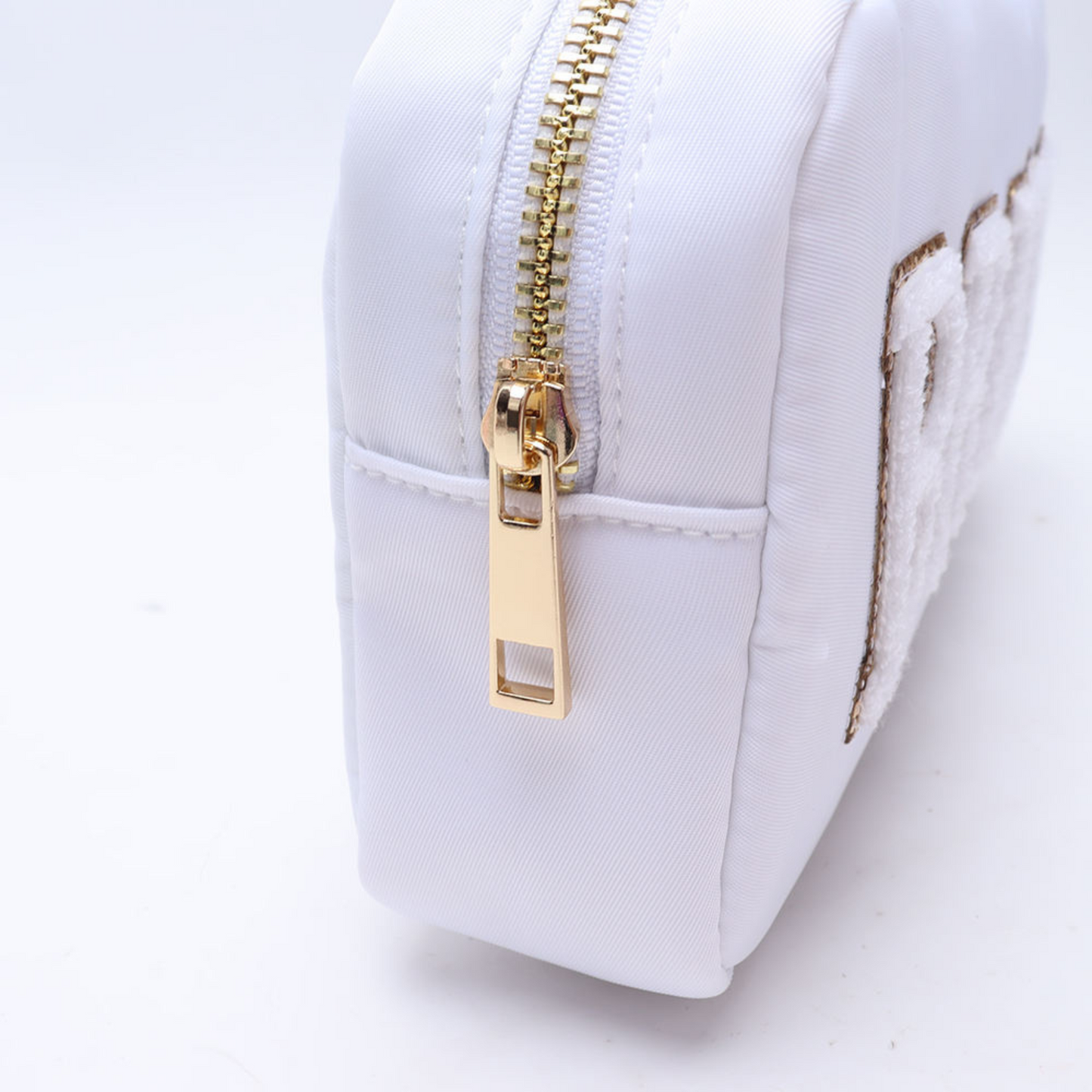 White Bride Makeup Bag with Chenille Patches