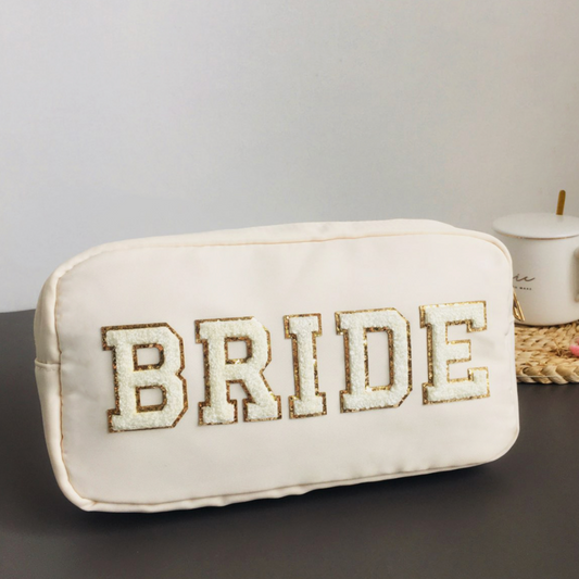 White Bride Makeup Bag with Chenille Patches